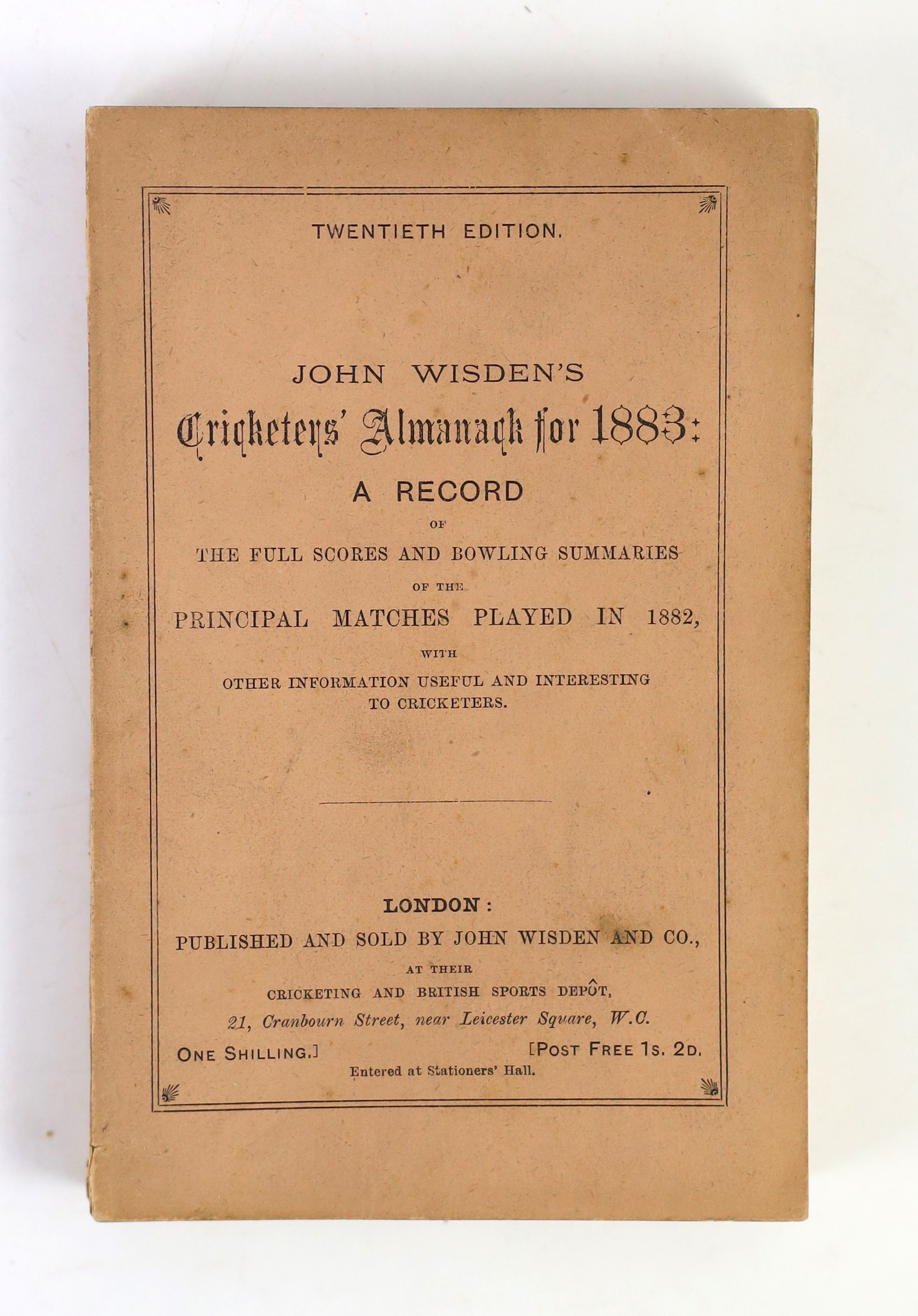 Wisden, John - Cricketers’ Almanack for 1883, 20th edition, original paper wrappers, spotting to early advertisements, title, endpapers and page edges.